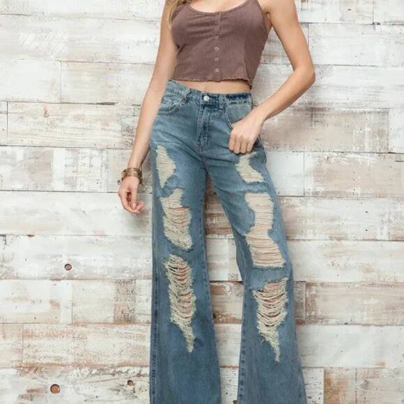 Denim - High Waisted Heavily Distressed Wide Leg Denim Jeans